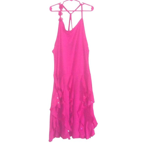 SELF ESTEEM girls x-large 14/16 hot pink floral ruffle sequin flowy halter dress - Picture 1 of 8